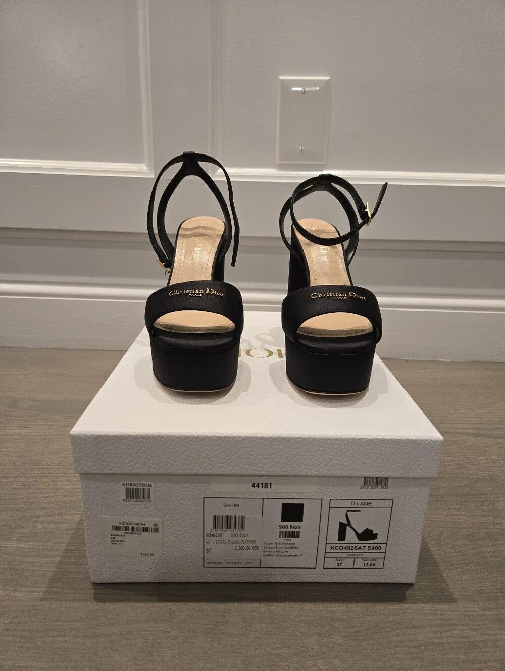 $1,300 Dior D-Lane Logo Heeled Platform Sandal Silk Black EU 37 US 7 BNIB
